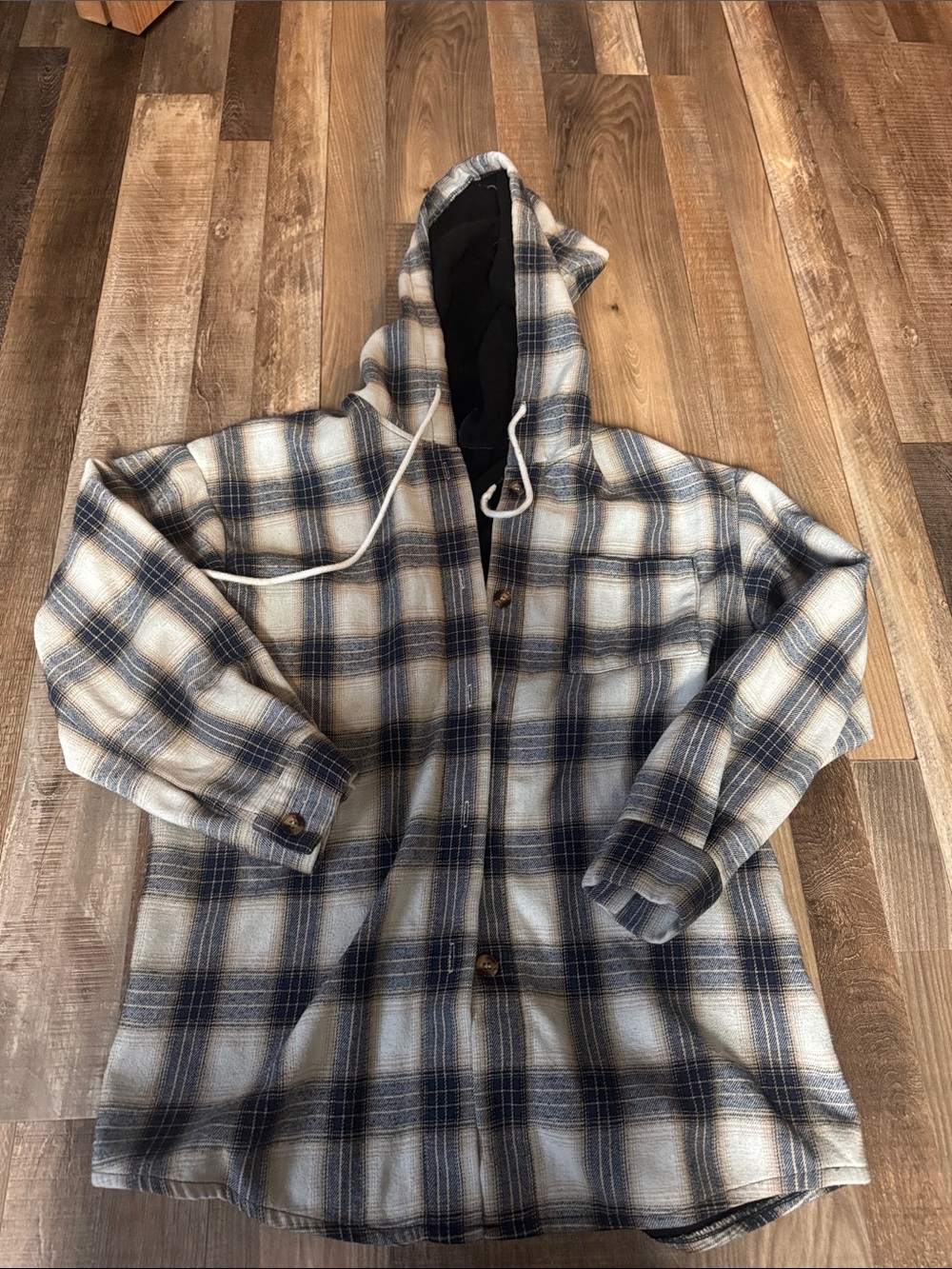 Plaid Hooded Shacket in Cream and Navy